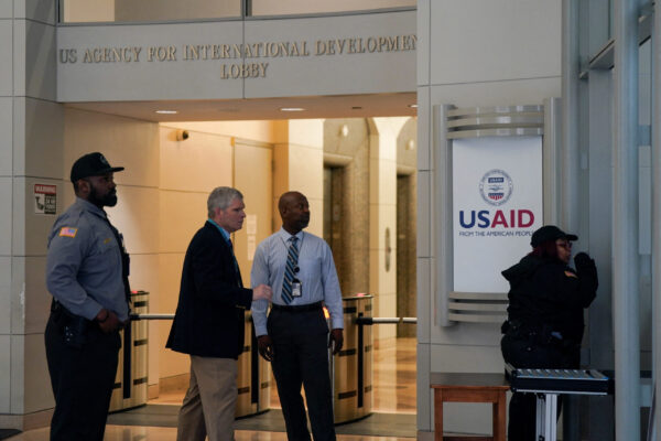 The USAID building sits closed to employees after a memo was issued advising agency personnel to work remotely, in Washington
