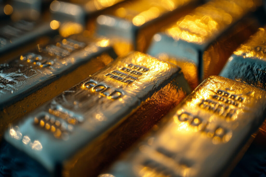 Ai generated ofGold bars Gold ingot, bullion gold, bank vault, stacked image. close up many pure gold bar ingot put on the black color with bokeh surface. many pile of gold bars in golden background.