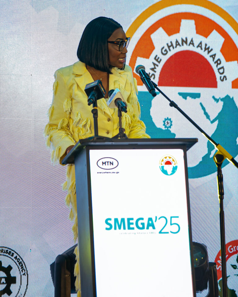 Angela Mensah-Poku, Chief Enterprise Business Officer of MTN Ghana, delivers a keynote address during the SME Ghana Awards (SMEGA) 2025
